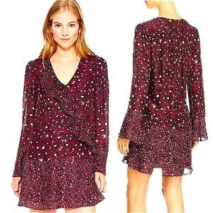 Parker Silk Purple Leopard Printed Bell Sleeve Kimberly Flounce Dress Small